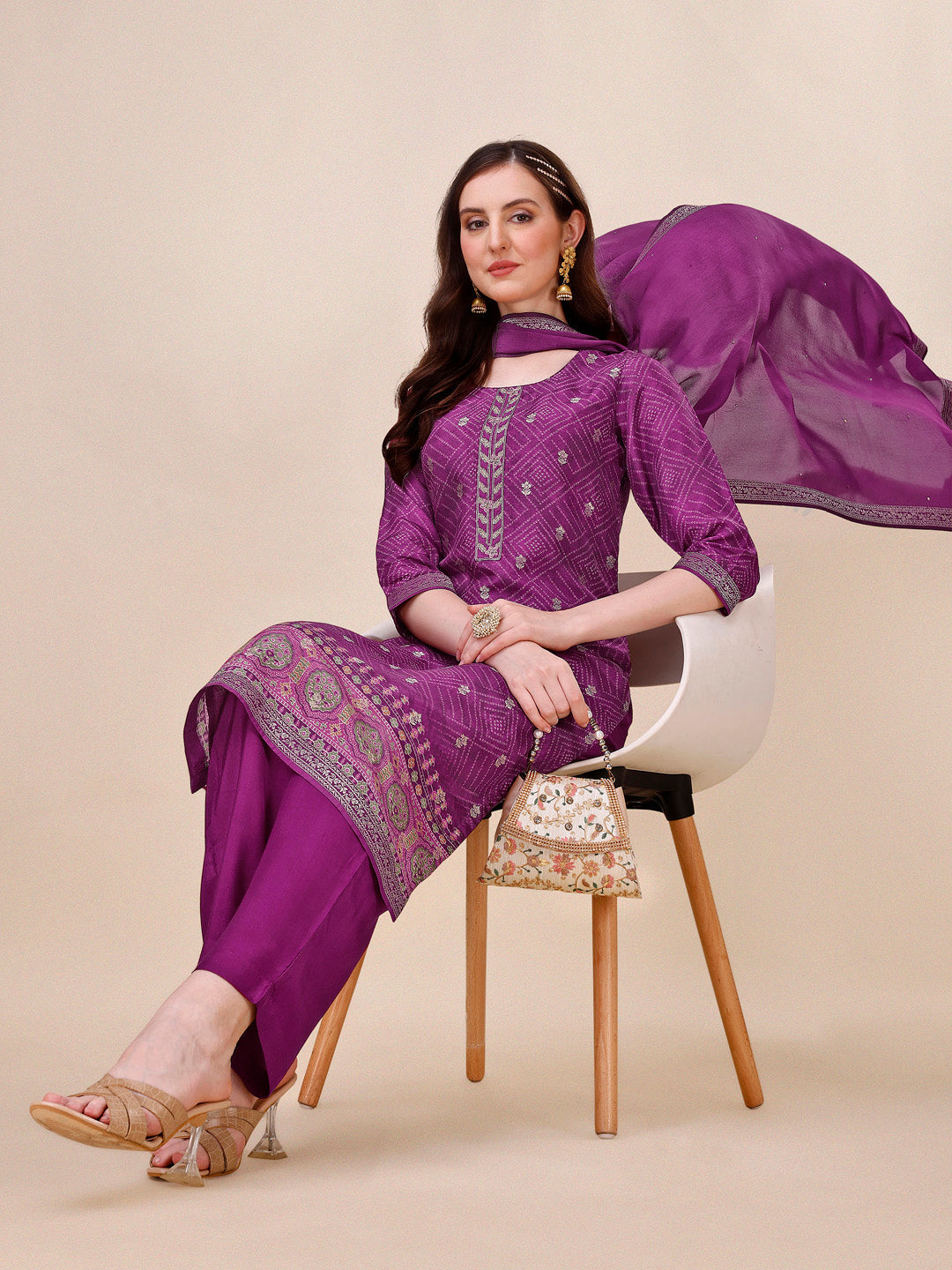 Wine Bandhani Print Jacquard Kurta Suit Set by Qivii