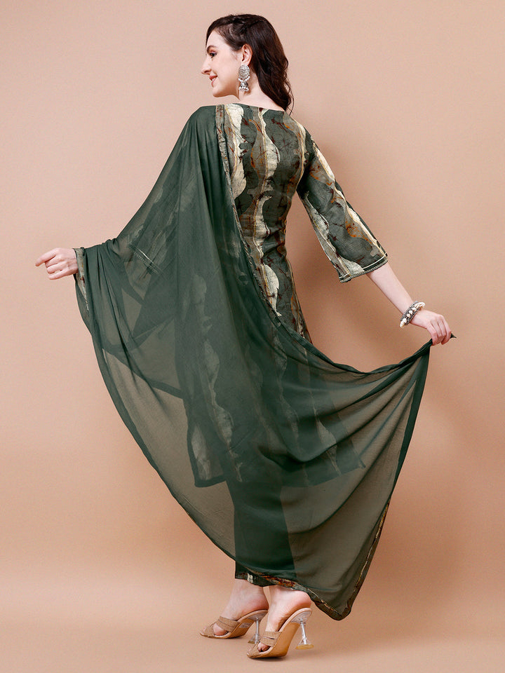 Dark Olive Abstract Print Kurta Suit Set by Qivii