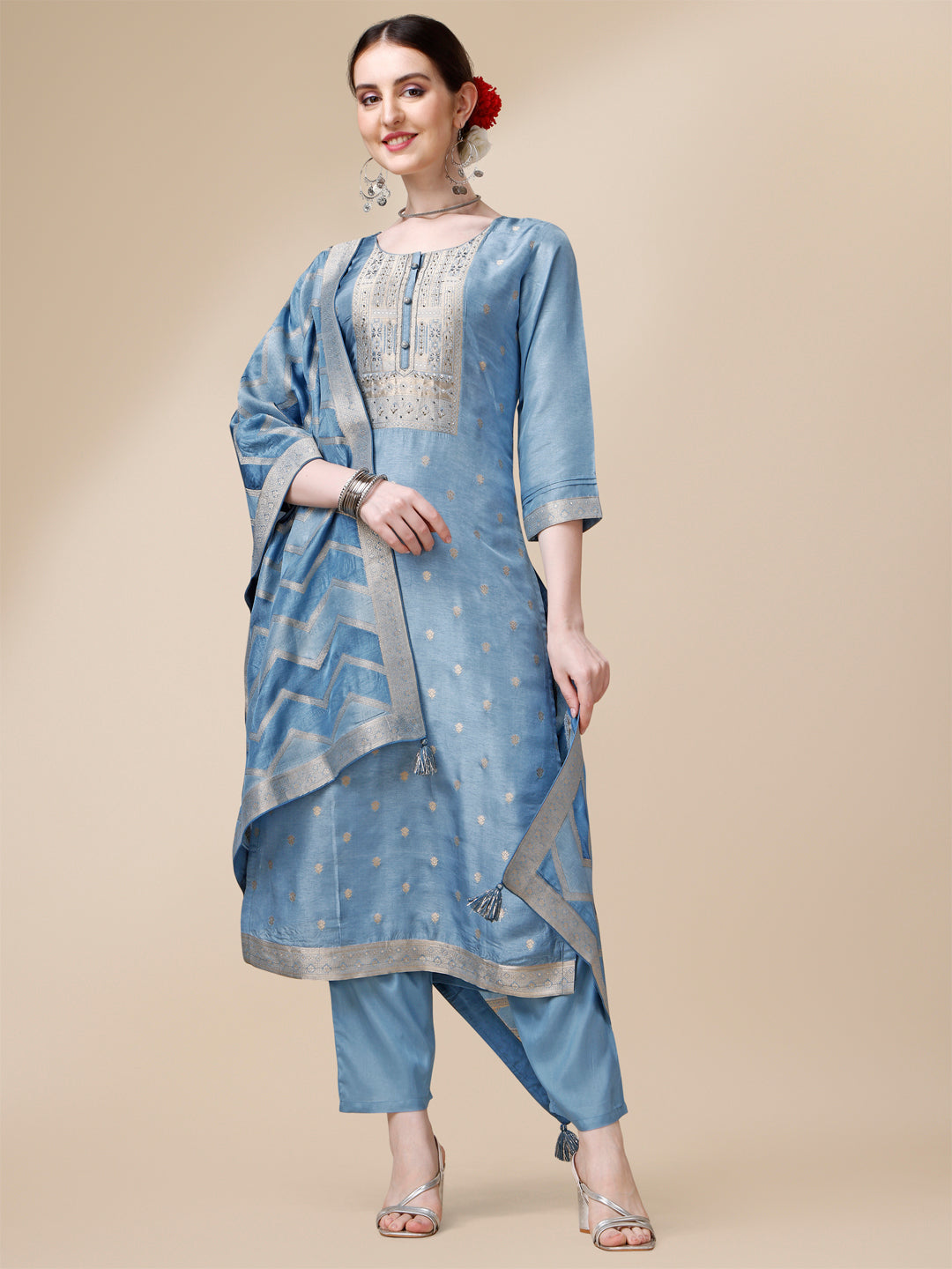 Blue Jackquard Kurta Suit Set with Rangkat Dupatta by Qivii