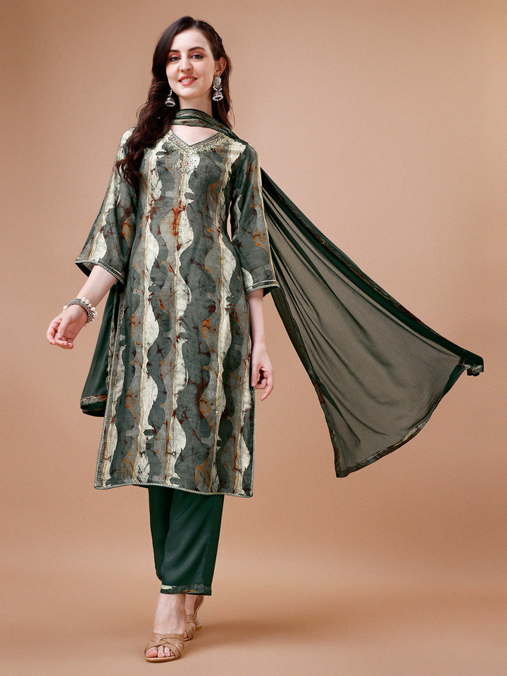 Dark Olive Abstract Print Kurta Suit Set by Qivii