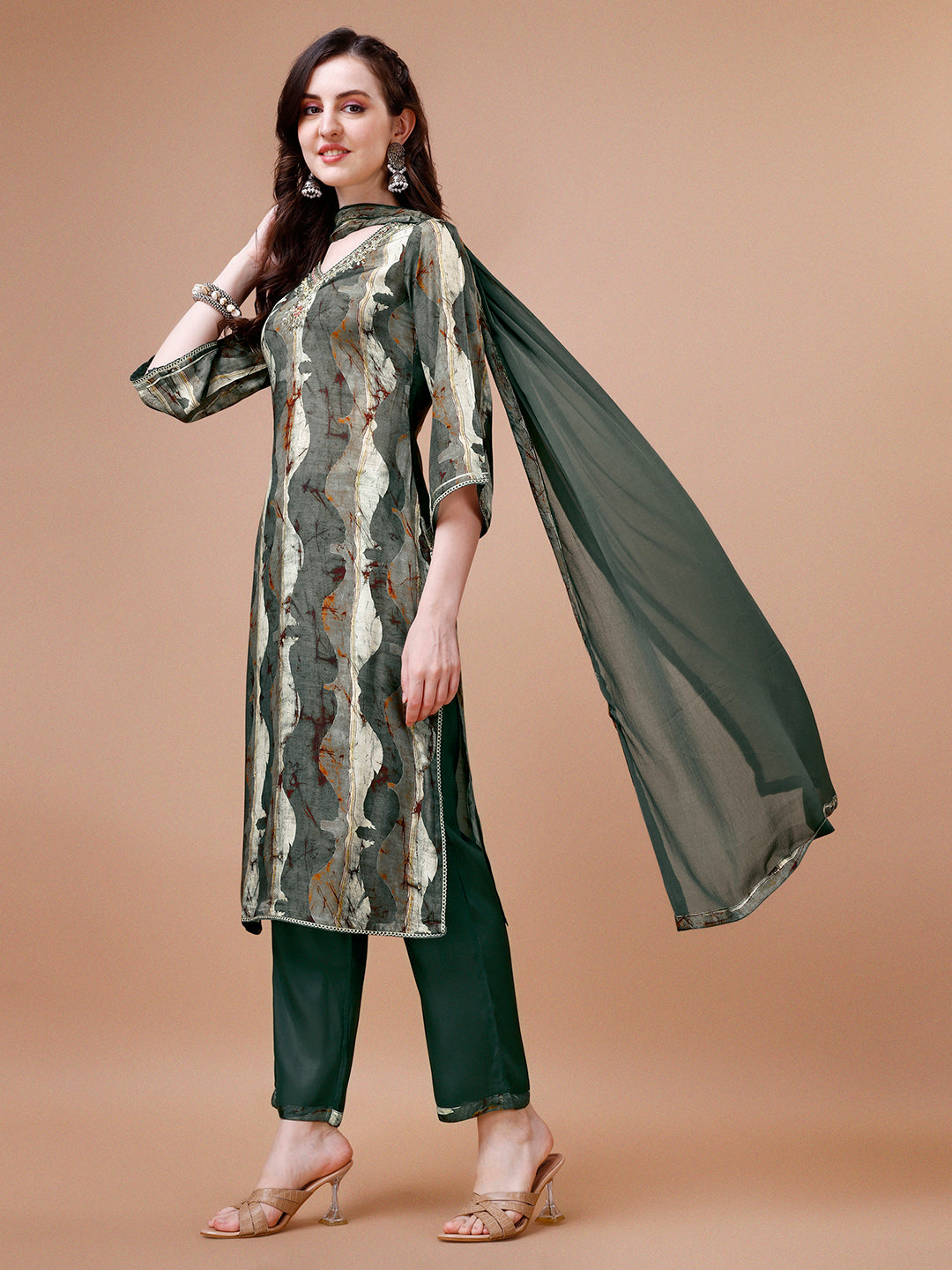 Dark Olive Abstract Print Kurta Suit Set by Qivii