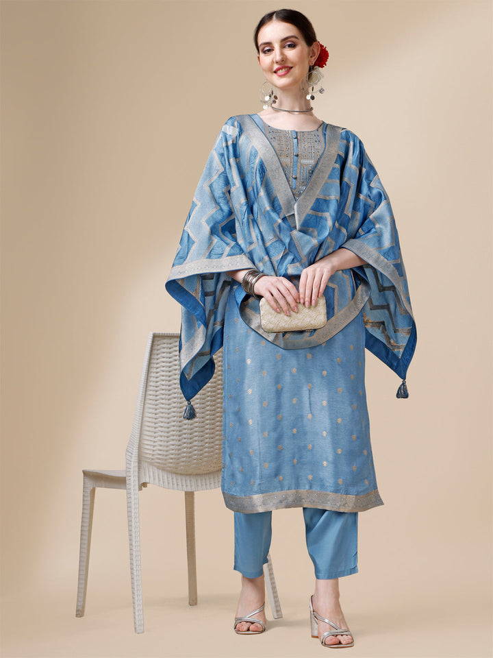 Blue Jackquard Kurta Suit Set with Rangkat Dupatta by Qivii