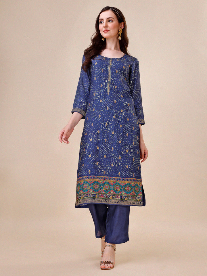 Blue Bandhani Print Jacquard Kurta Suit Set by Qivii