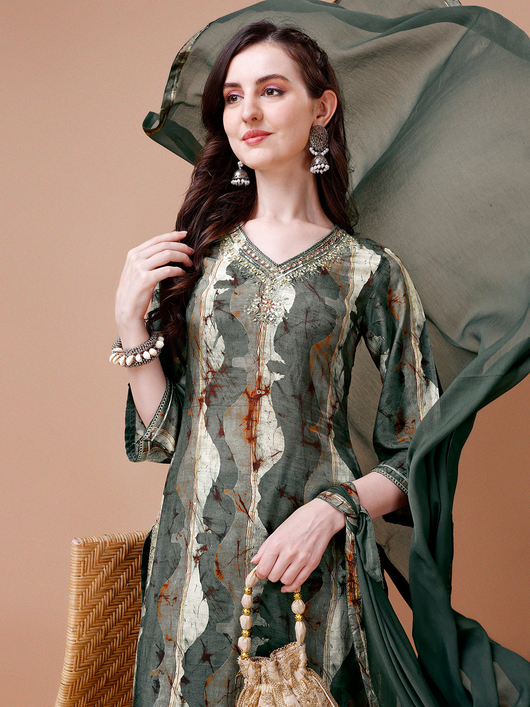 Dark Olive Abstract Print Kurta Suit Set by Qivii