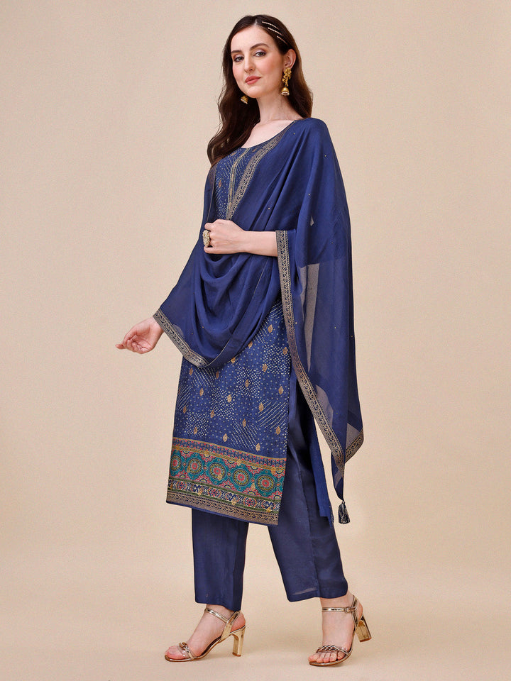 Blue Bandhani Print Jacquard Kurta Suit Set by Qivii