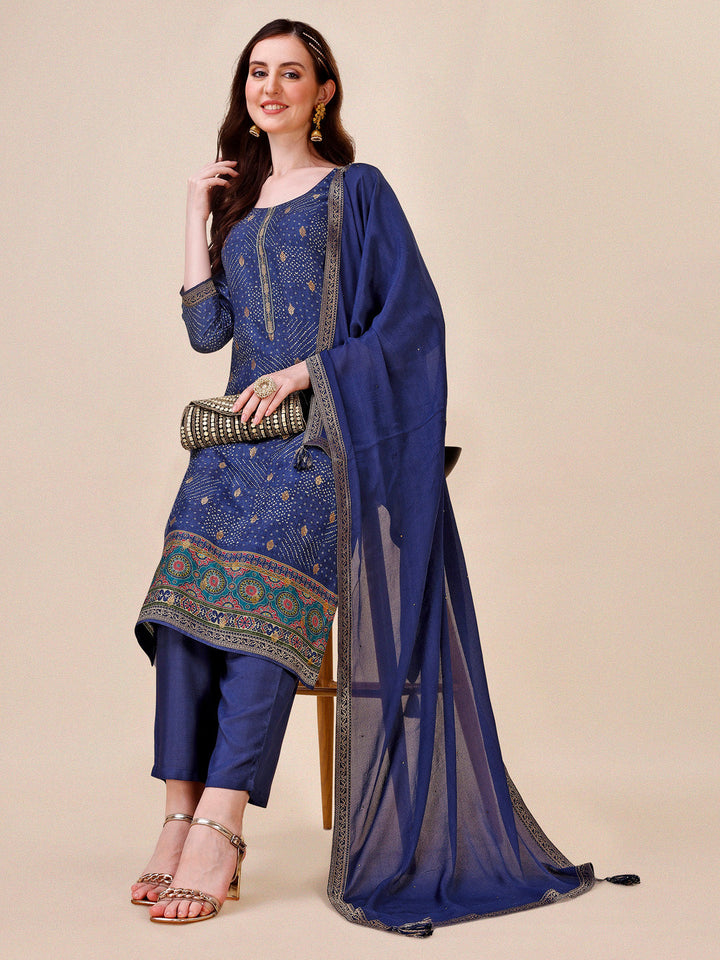 Blue Bandhani Print Jacquard Kurta Suit Set by Qivii