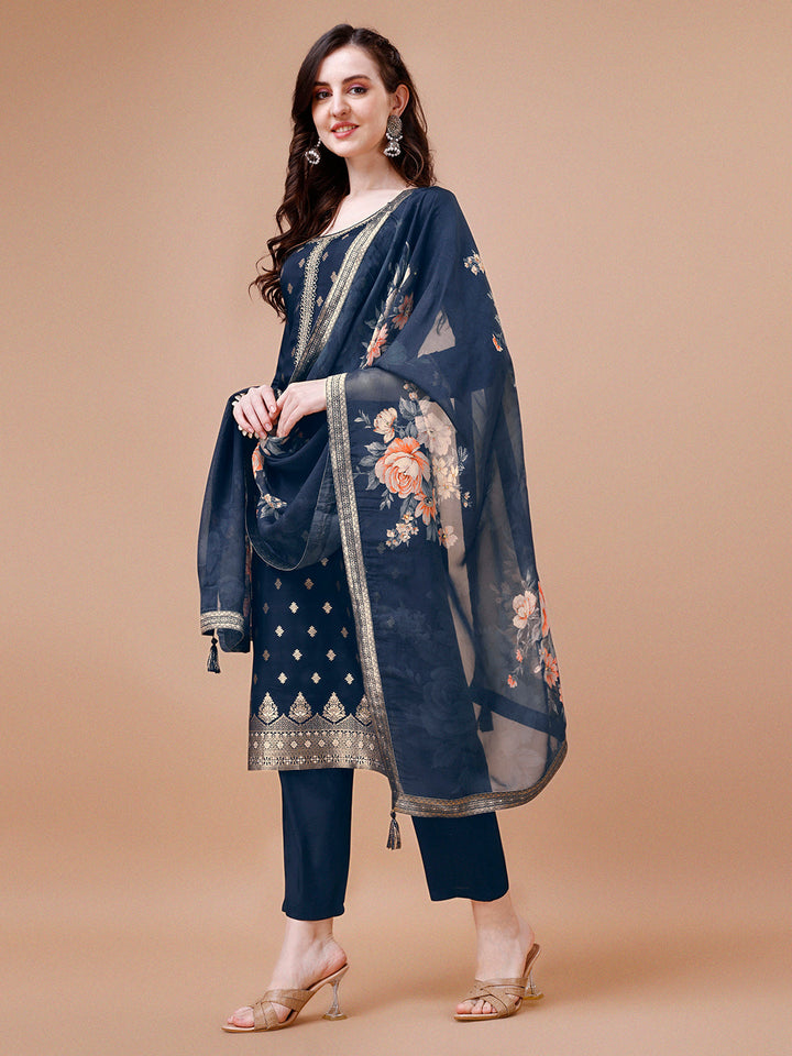 Dark Blue Jacquard Kurta Suit Set with Digital Floral Print Dupatta by Qivii