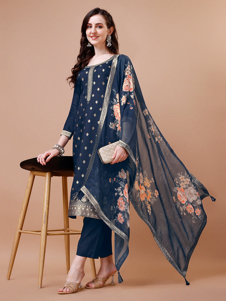 Dark Blue Jacquard Kurta Suit Set with Digital Floral Print Dupatta by Qivii