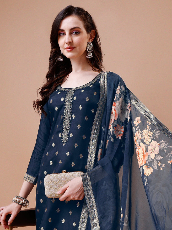 Dark Blue Jacquard Kurta Suit Set with Digital Floral Print Dupatta by Qivii