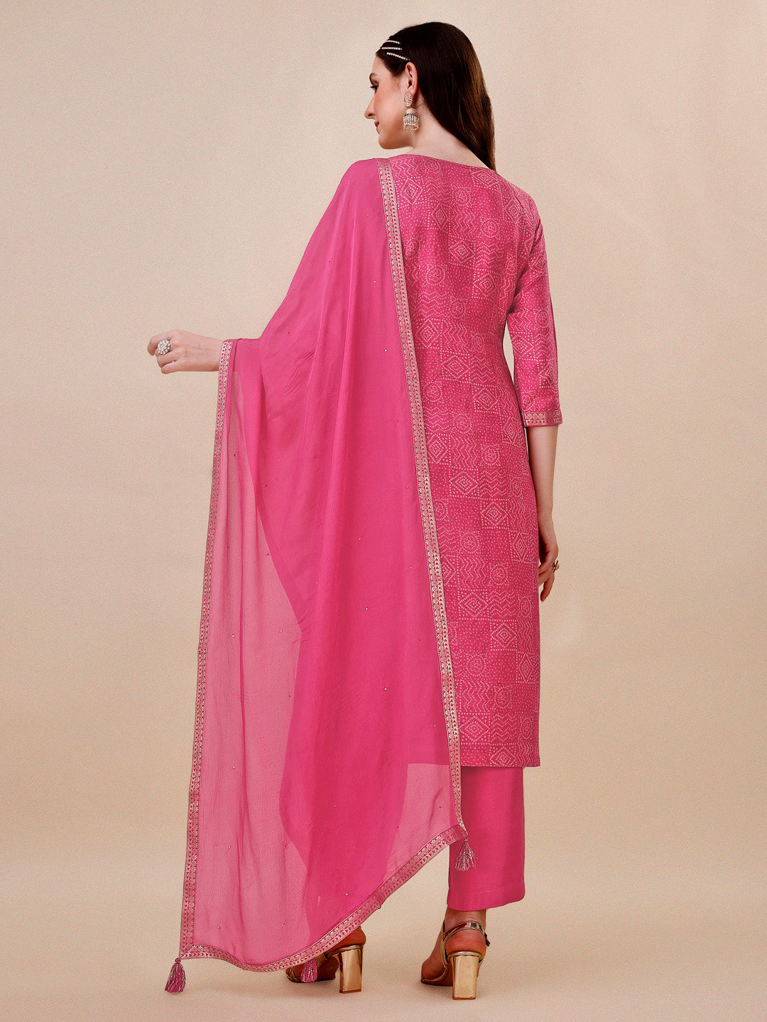 Rani Pink Bandhani Print Jacquard Kurta Suit Set by Qivii