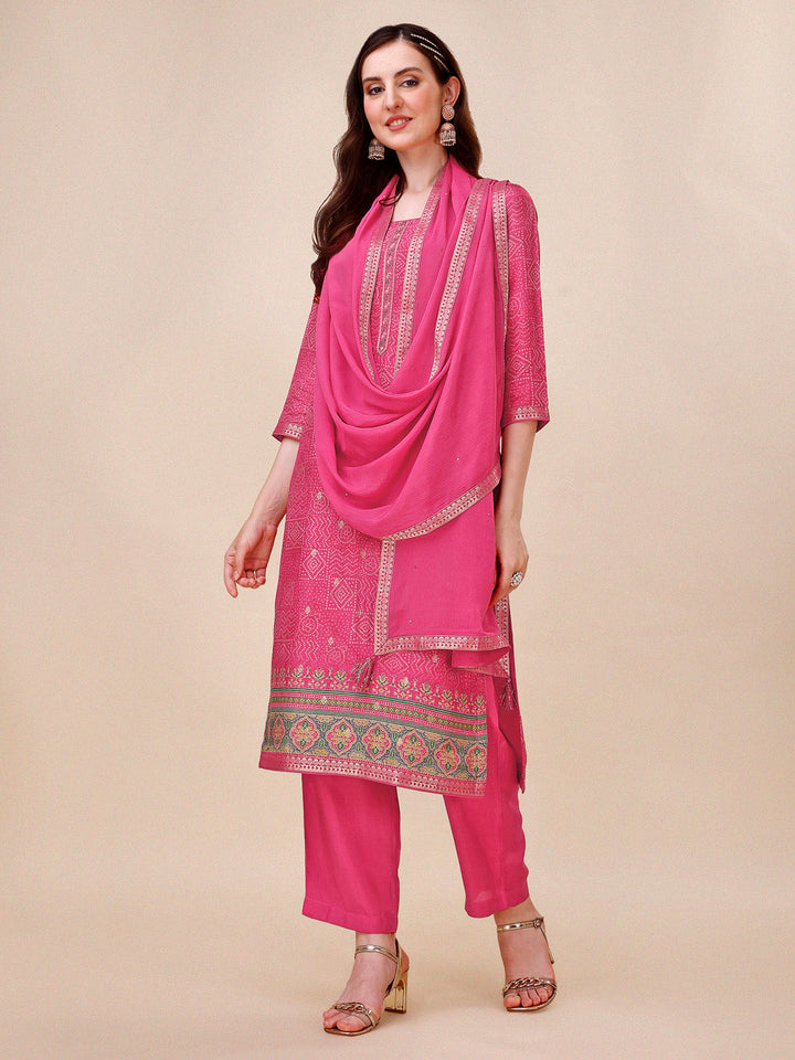 Rani Pink Bandhani Print Jacquard Kurta Suit Set by Qivii