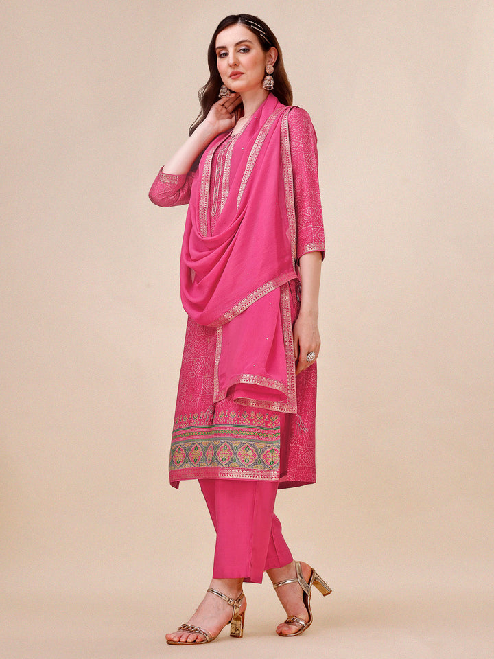 Rani Pink Bandhani Print Jacquard Kurta Suit Set by Qivii