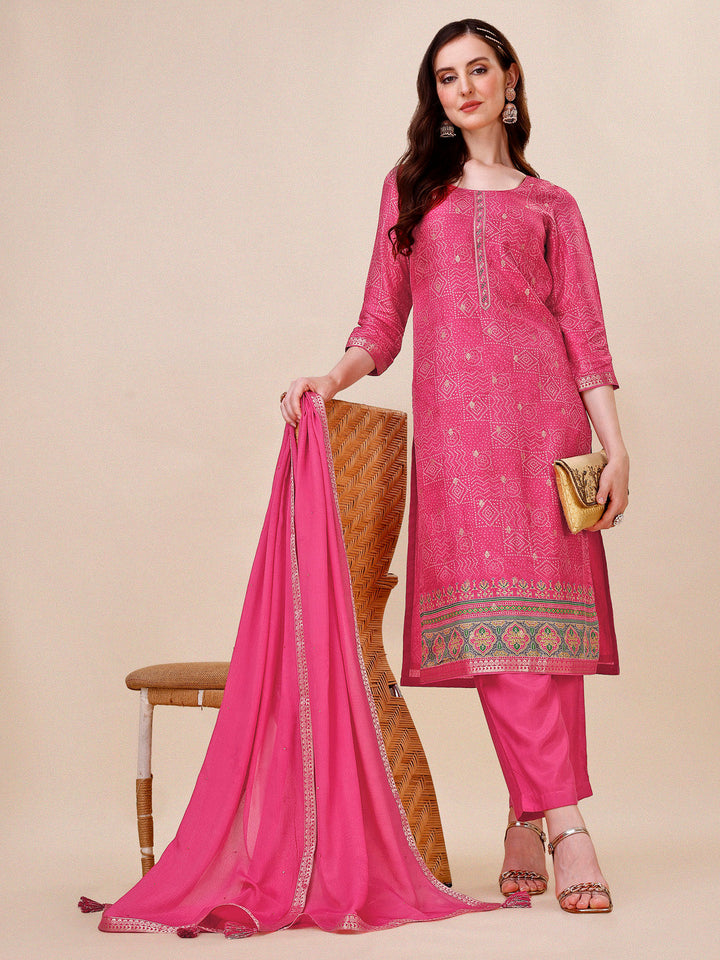 Rani Pink Bandhani Print Jacquard Kurta Suit Set by Qivii