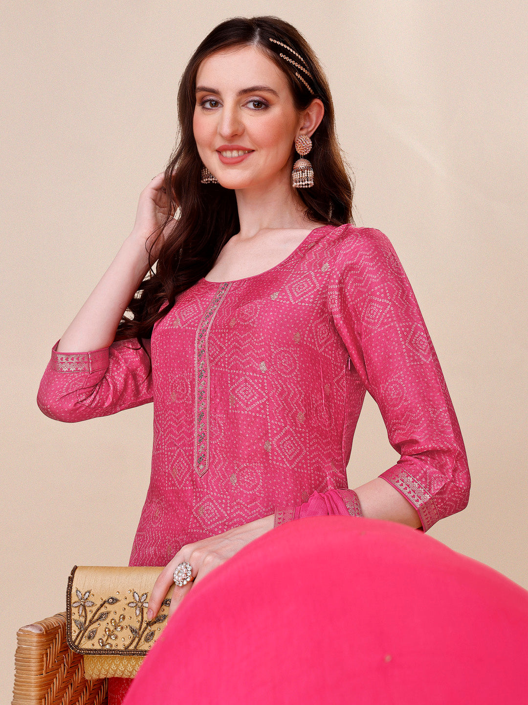 Rani Pink Bandhani Print Jacquard Kurta Suit Set by Qivii