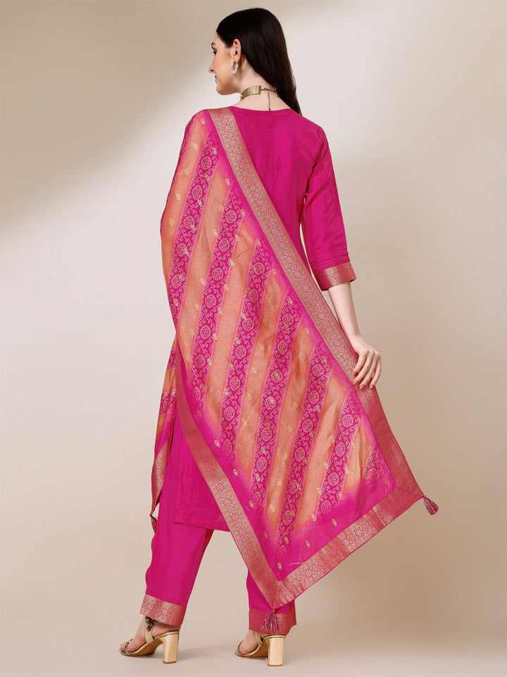 Rani Pink Jacquard Kurta Suit Set with Bandhani Printed Dupatta by Qivii