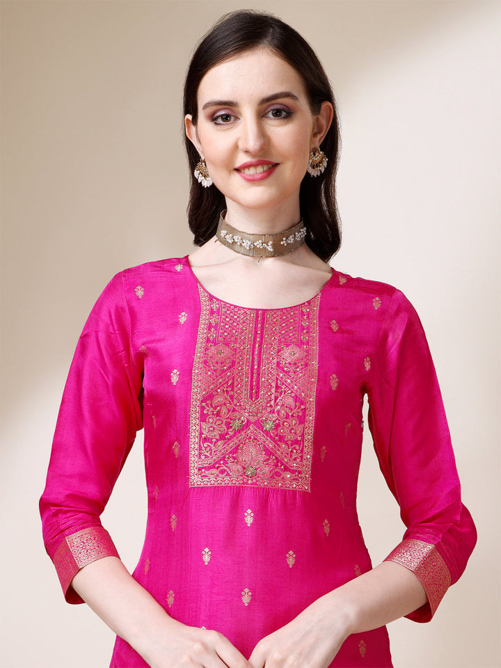 Rani Pink Dola Silk Jacquard Kurta .Paired with Santoon Trouser and Dola Silk Printed Dupatta