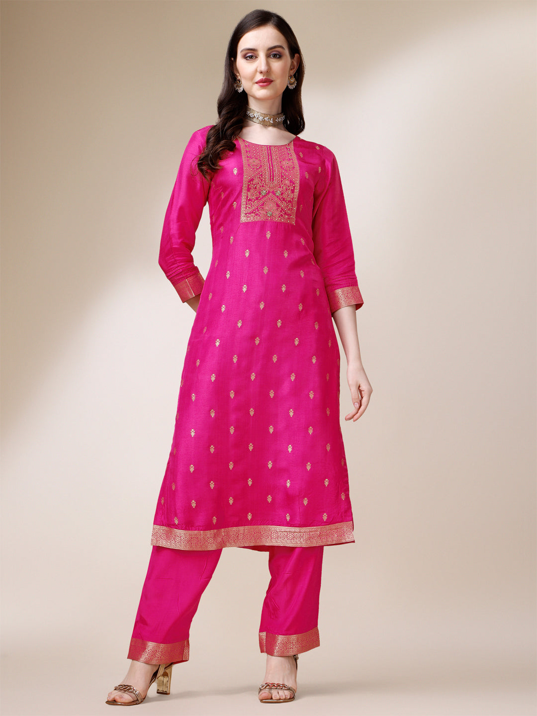 Rani Pink Dola Silk Jacquard Kurta .Paired with Santoon Trouser and Dola Silk Printed Dupatta