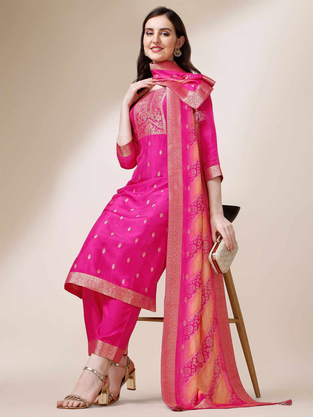 Rani Pink Dola Silk Jacquard Kurta .Paired with Santoon Trouser and Dola Silk Printed Dupatta