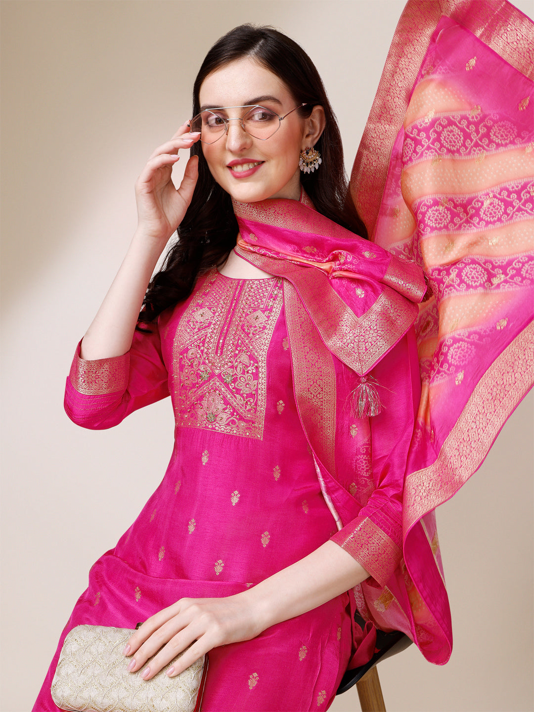 Rani Pink Jacquard Kurta Suit Set with Bandhani Printed Dupatta by Qivii