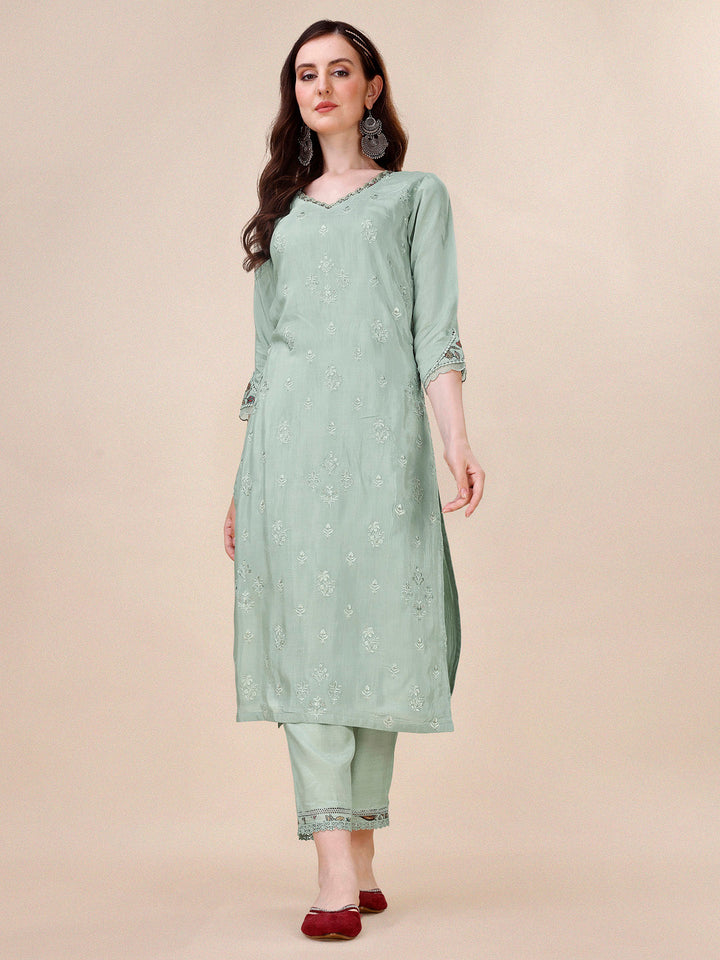 Summer Green Embroidery Kurta Suit Set by Qivii