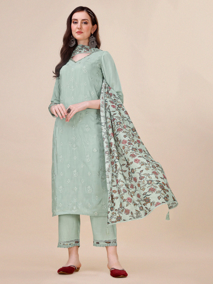 Summer Green Embroidery Kurta Suit Set by Qivii