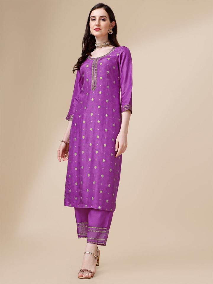 Purple Jacquard Kurta Suit Set by Qivii