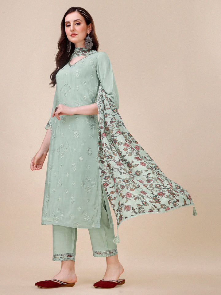 Summer Green Embroidery Kurta Suit Set by Qivii