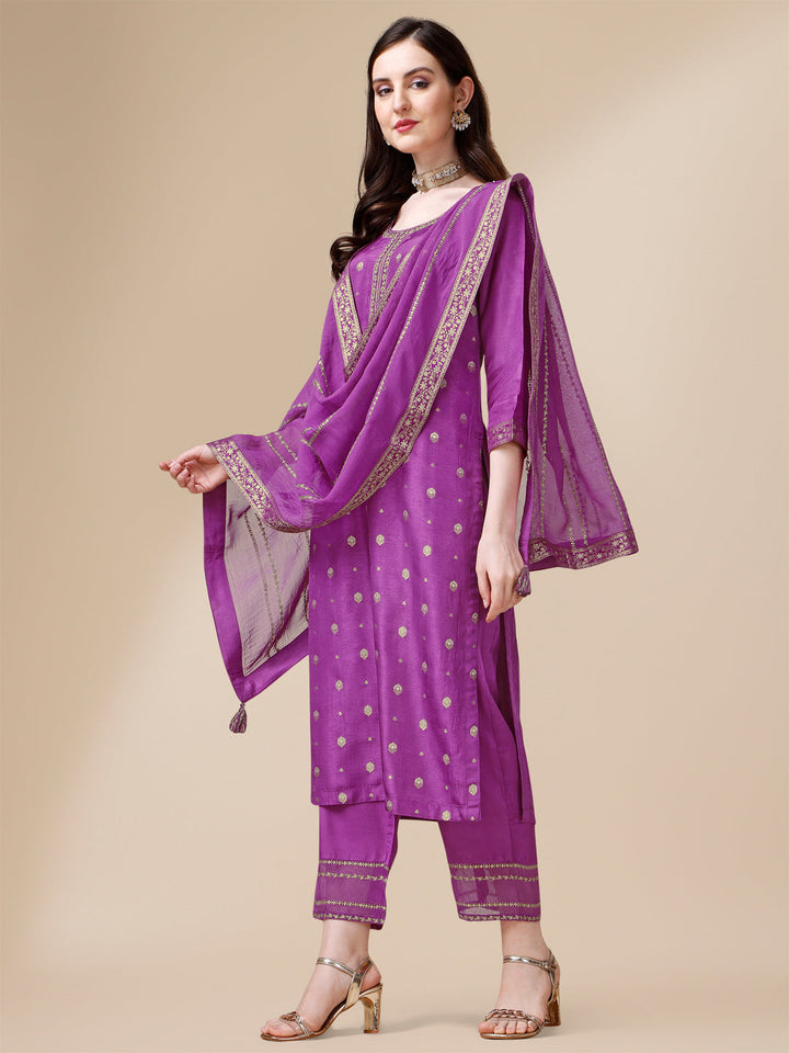 Purple Jacquard Kurta Suit Set by Qivii