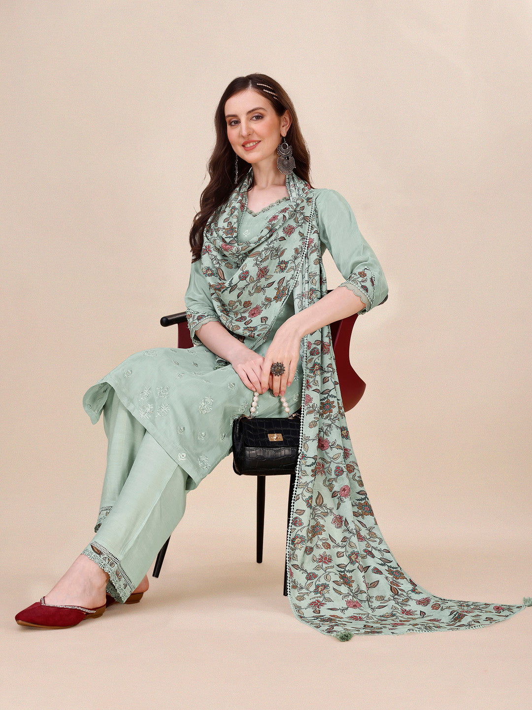 Summer Green Embroidery Kurta Suit Set by Qivii