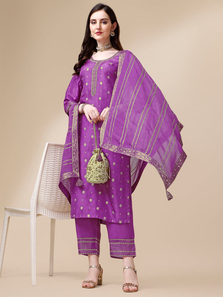 Purple Jacquard Kurta Suit Set by Qivii