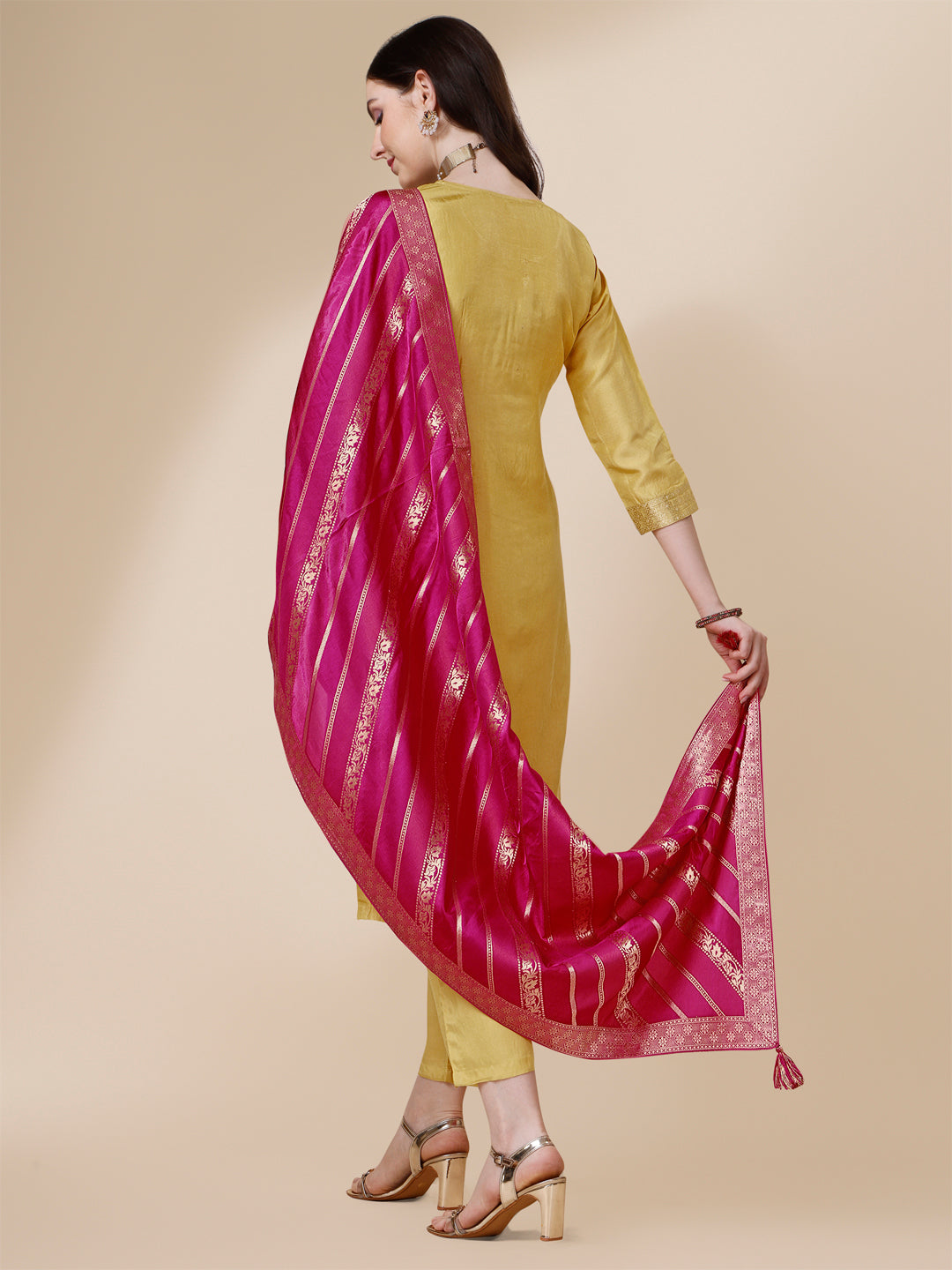 Yellow Jacquard Kurta Suit Set with Rangkat Dupatta by Qivii