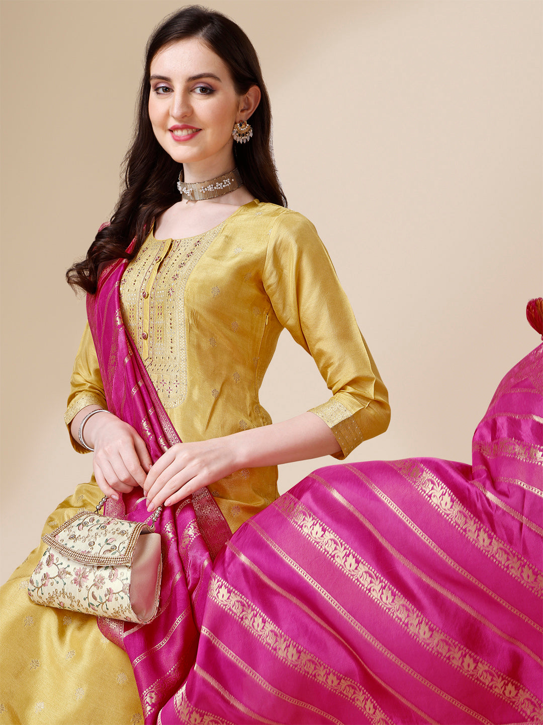 Yellow Jacquard Kurta Suit Set with Rangkat Dupatta by Qivii