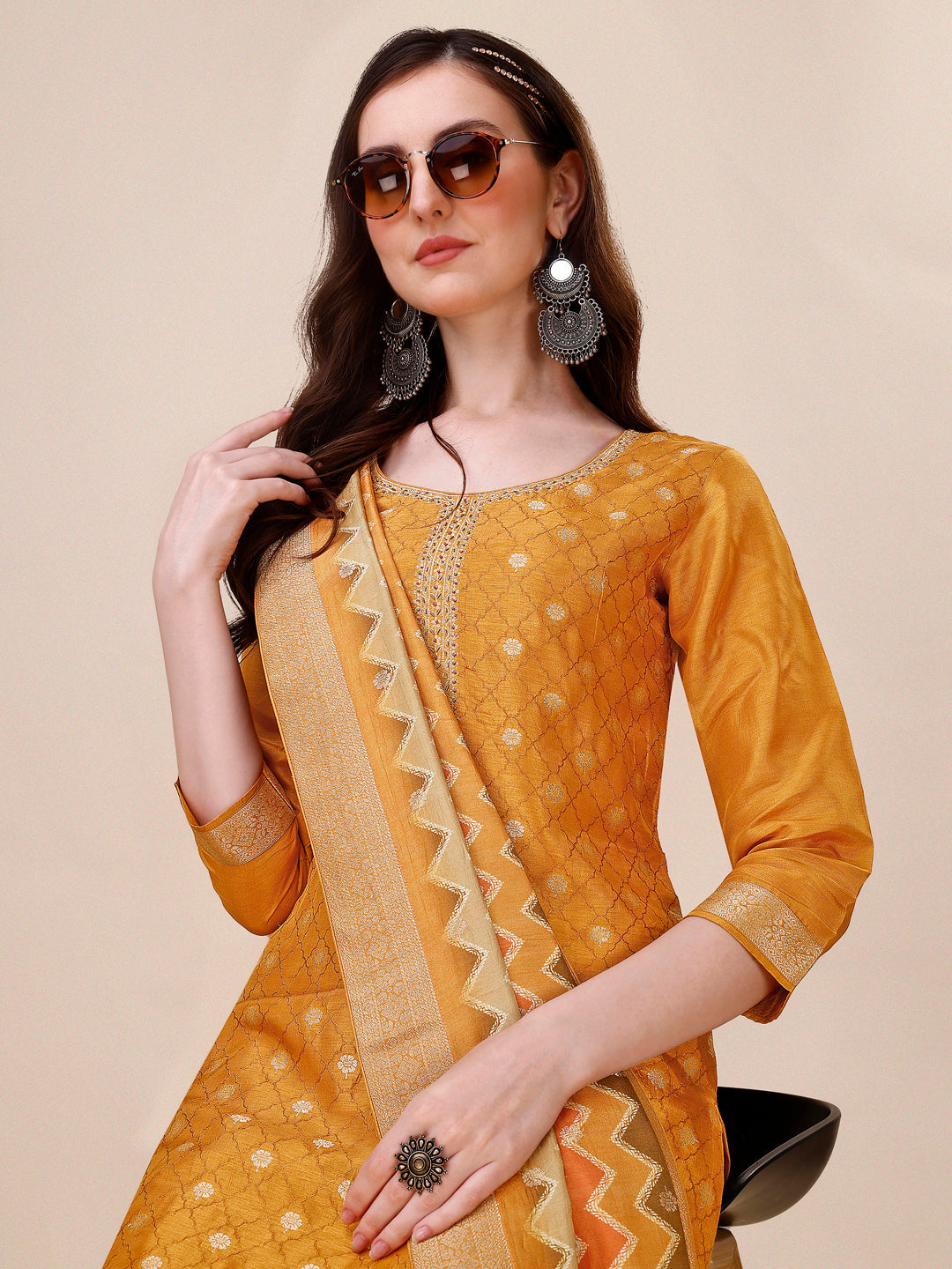 Mustard Jacquard Kurta Suit Set with Bandhani Printed Dupatta by Qivii