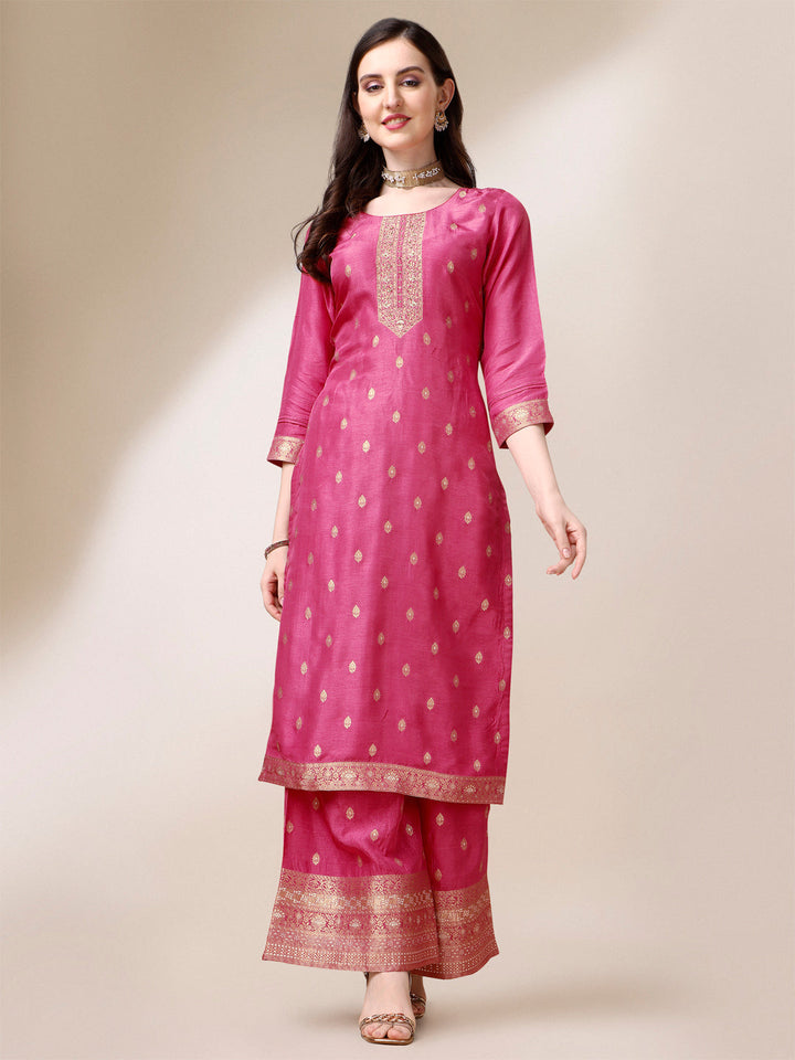 Pink Jacquard Pallazo Suit Set by Qivii