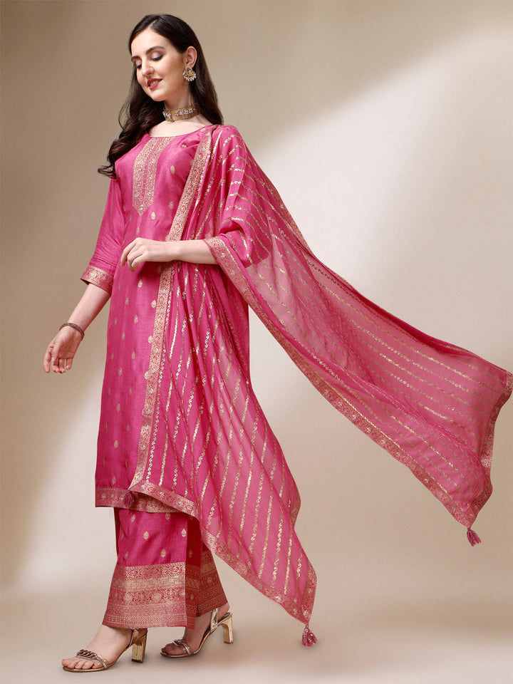 Pink Jacquard Pallazo Suit Set by Qivii