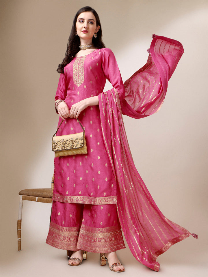 Pink Jacquard Pallazo Suit Set by Qivii