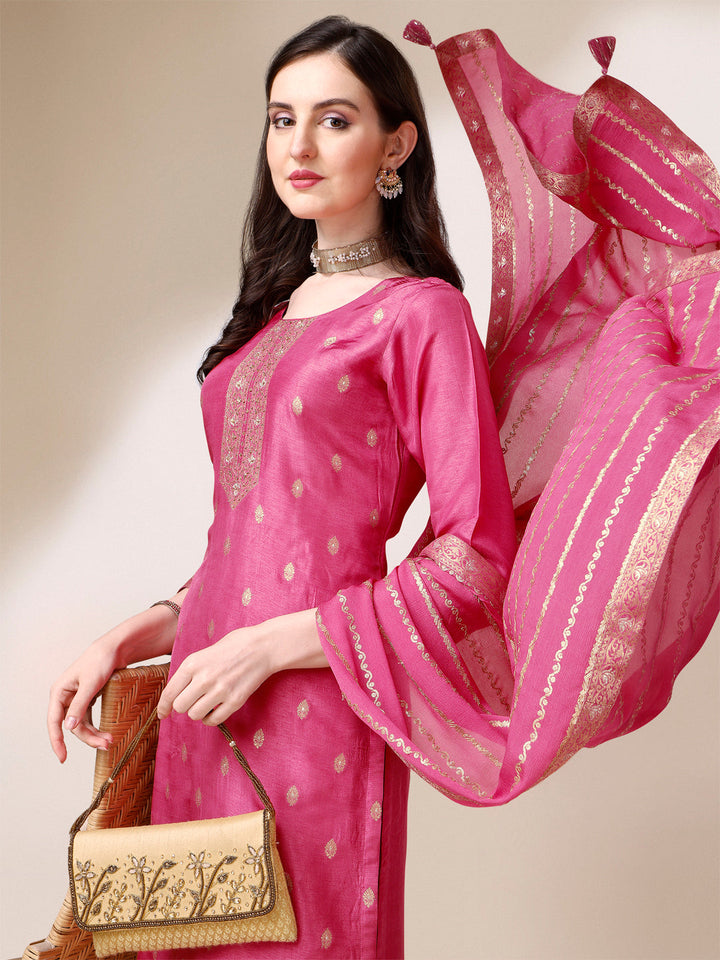 Pink Jacquard Pallazo Suit Set by Qivii