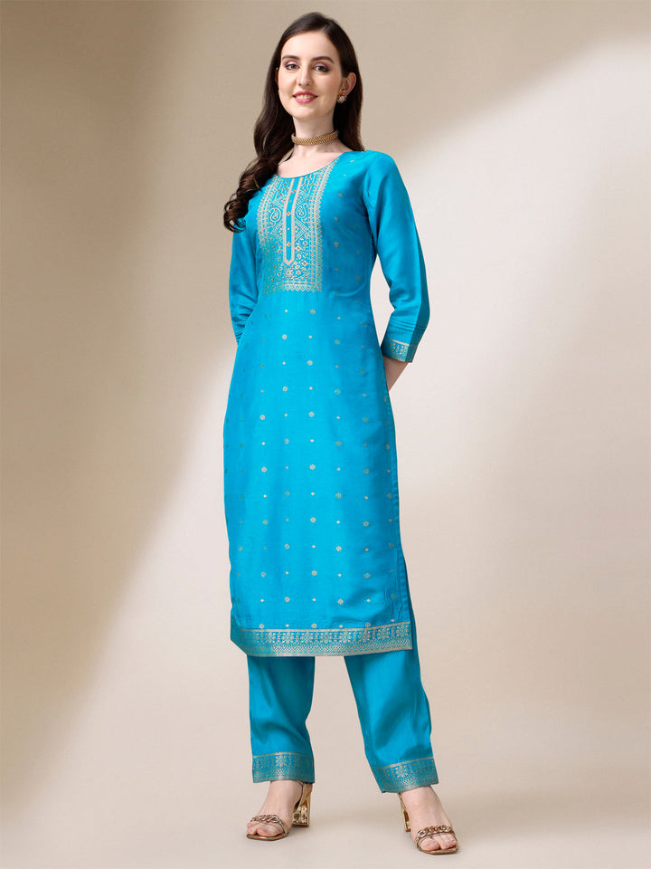 Turquoise Blue Jacquard Kurta Suit Set with Bandhani Printed Dupatta by Qivii