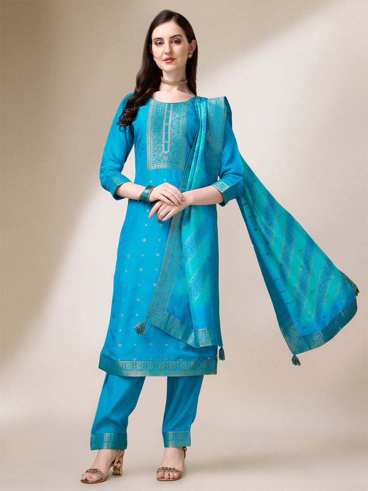 Cerulean Blue Dola Silk Jacquard Kurta. Paired with Santoon Trouser and Dola Silk Printed Dupatta