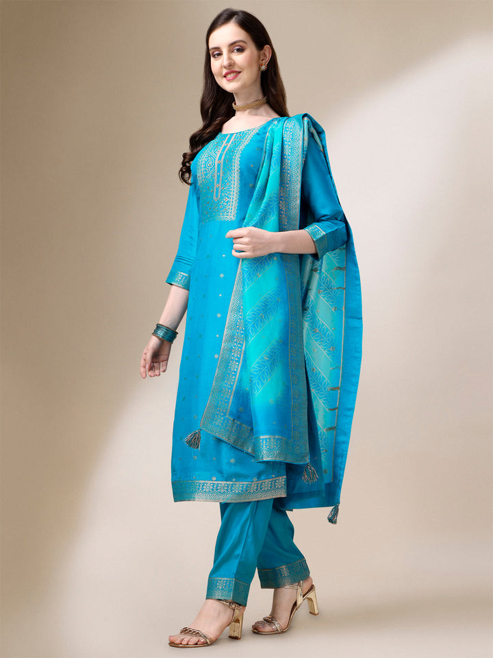 Turquoise Blue Jacquard Kurta Suit Set with Bandhani Printed Dupatta by Qivii