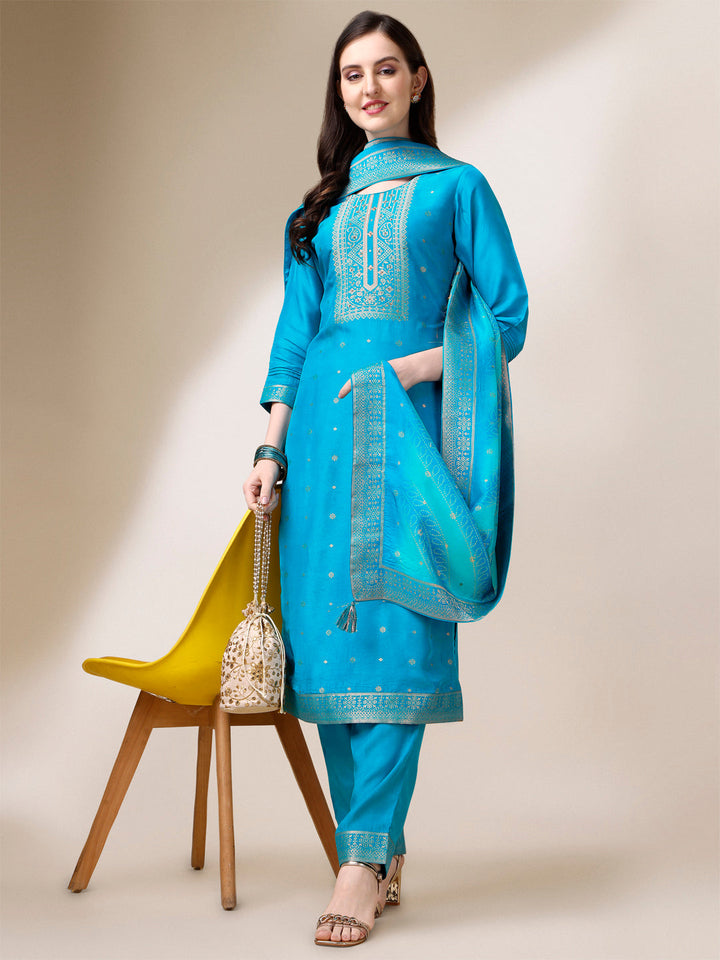 Turquoise Blue Jacquard Kurta Suit Set with Bandhani Printed Dupatta by Qivii