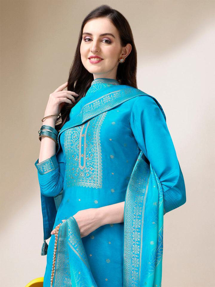 Turquoise Blue Jacquard Kurta Suit Set with Bandhani Printed Dupatta by Qivii