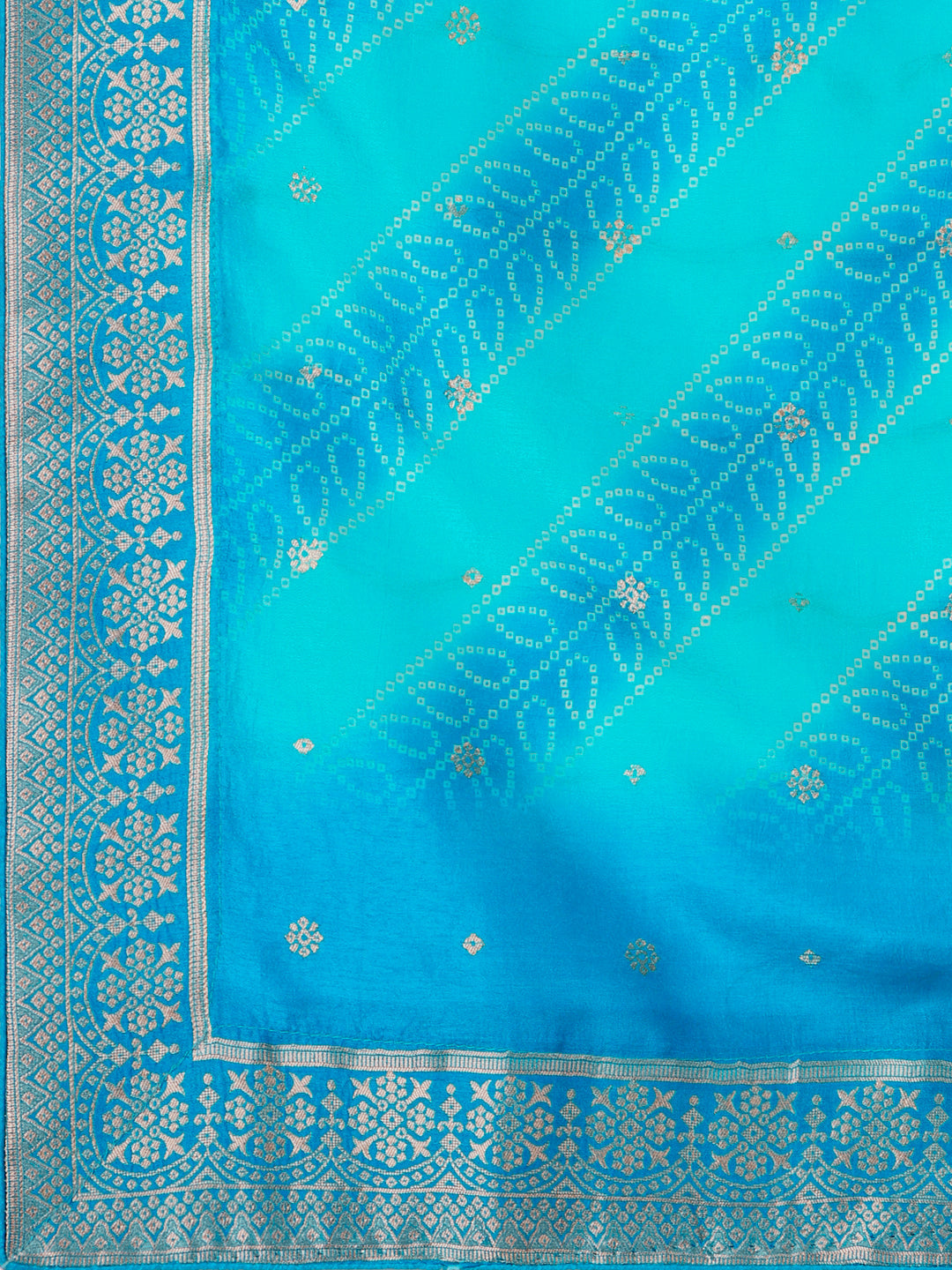 Turquoise Blue Jacquard Kurta Suit Set with Bandhani Printed Dupatta by Qivii