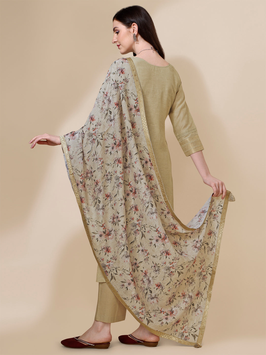 Beige Linen Jacquard Straight Kurta Suit Set by Qivii