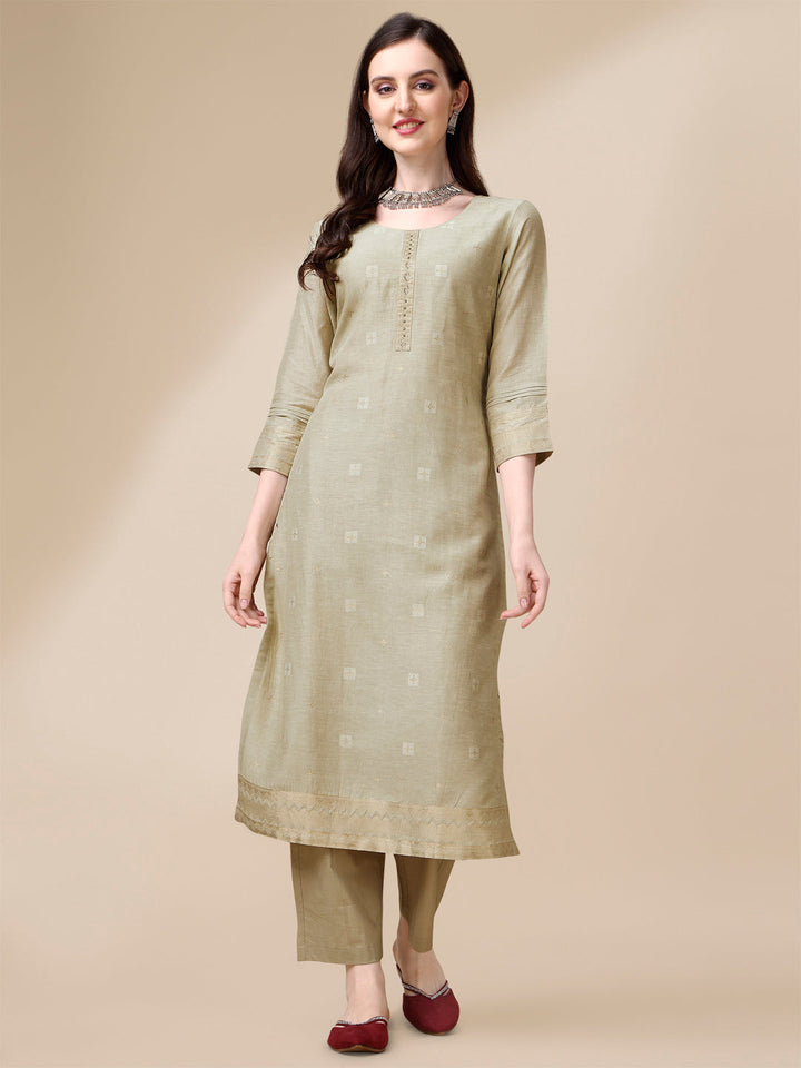 Beige Linen Jacquard Straight Kurta Suit Set by Qivii