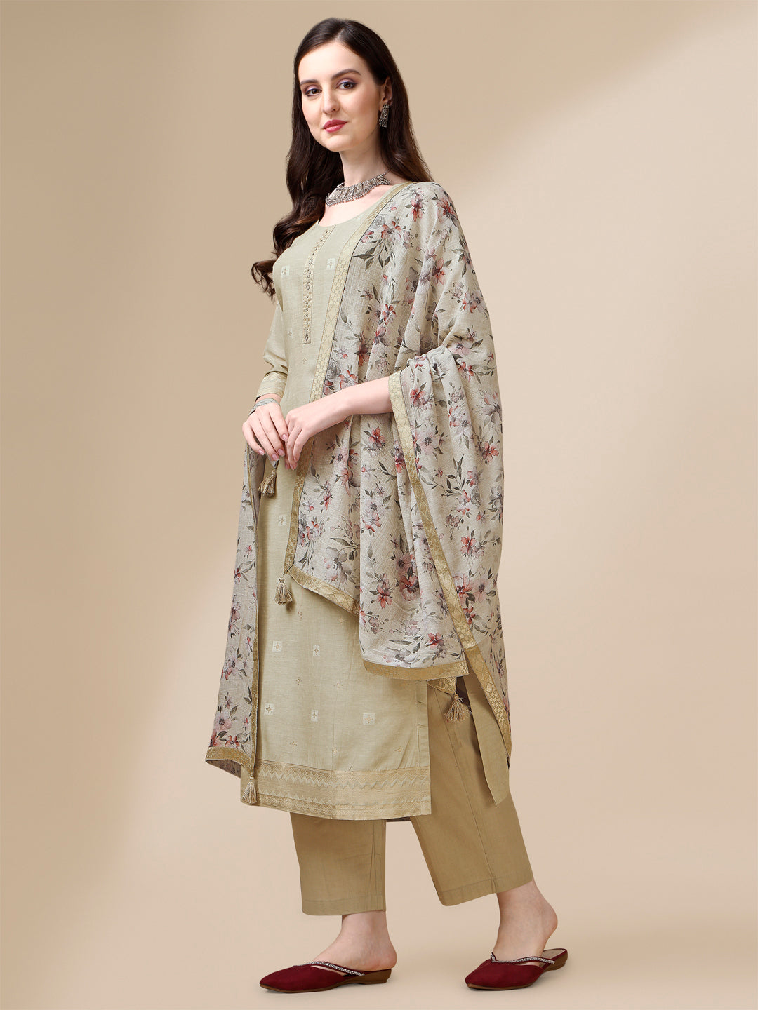 Beige Linen Jacquard Straight Kurta Suit Set by Qivii