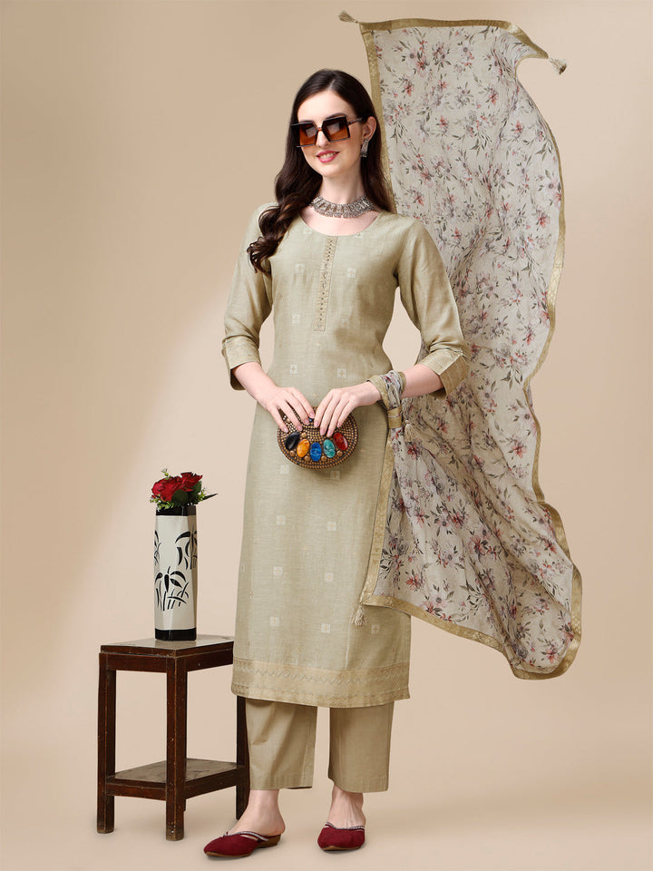 Beige Linen Jacquard Straight Kurta Suit Set by Qivii