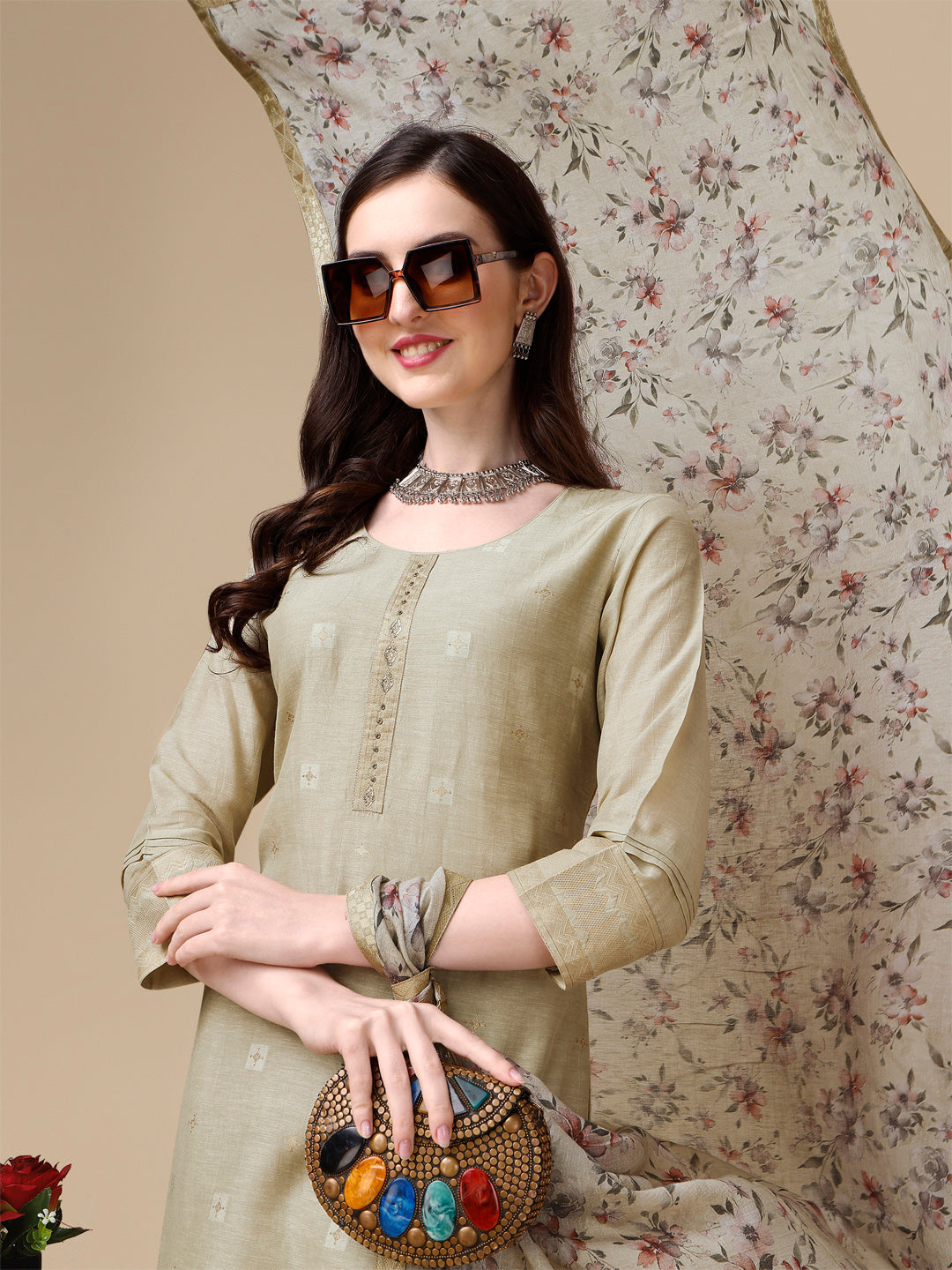 Beige Linen Jacquard Straight Kurta Suit Set by Qivii