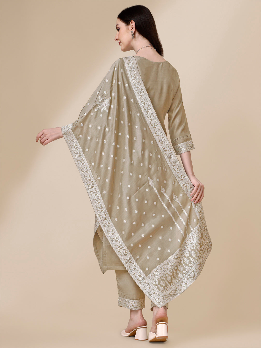 Beige Tussar Silk Kurta Suit Set by Qivii