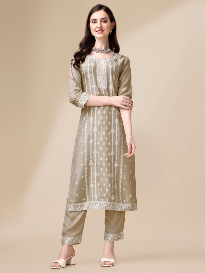 Beige Tussar Silk Kurta Suit Set by Qivii